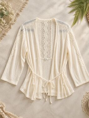 Maurices Cream Open Knit Tie Front Cardigan Lace Back Medium